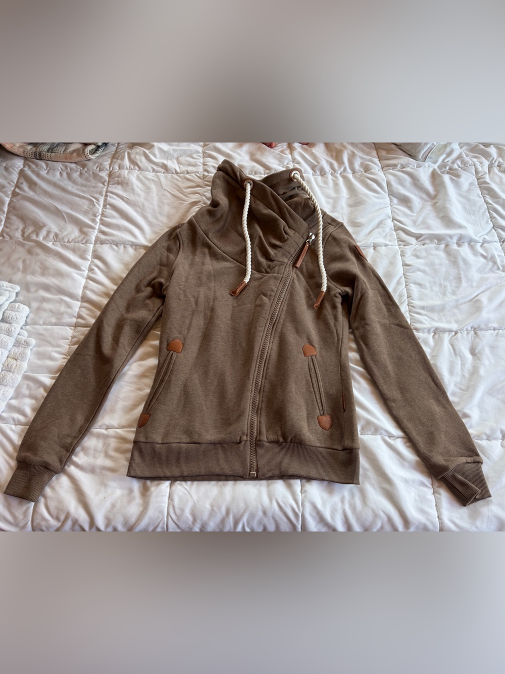 Wanakome Taupe/Brown Hooded Zip-Up with Rope Drawstrings